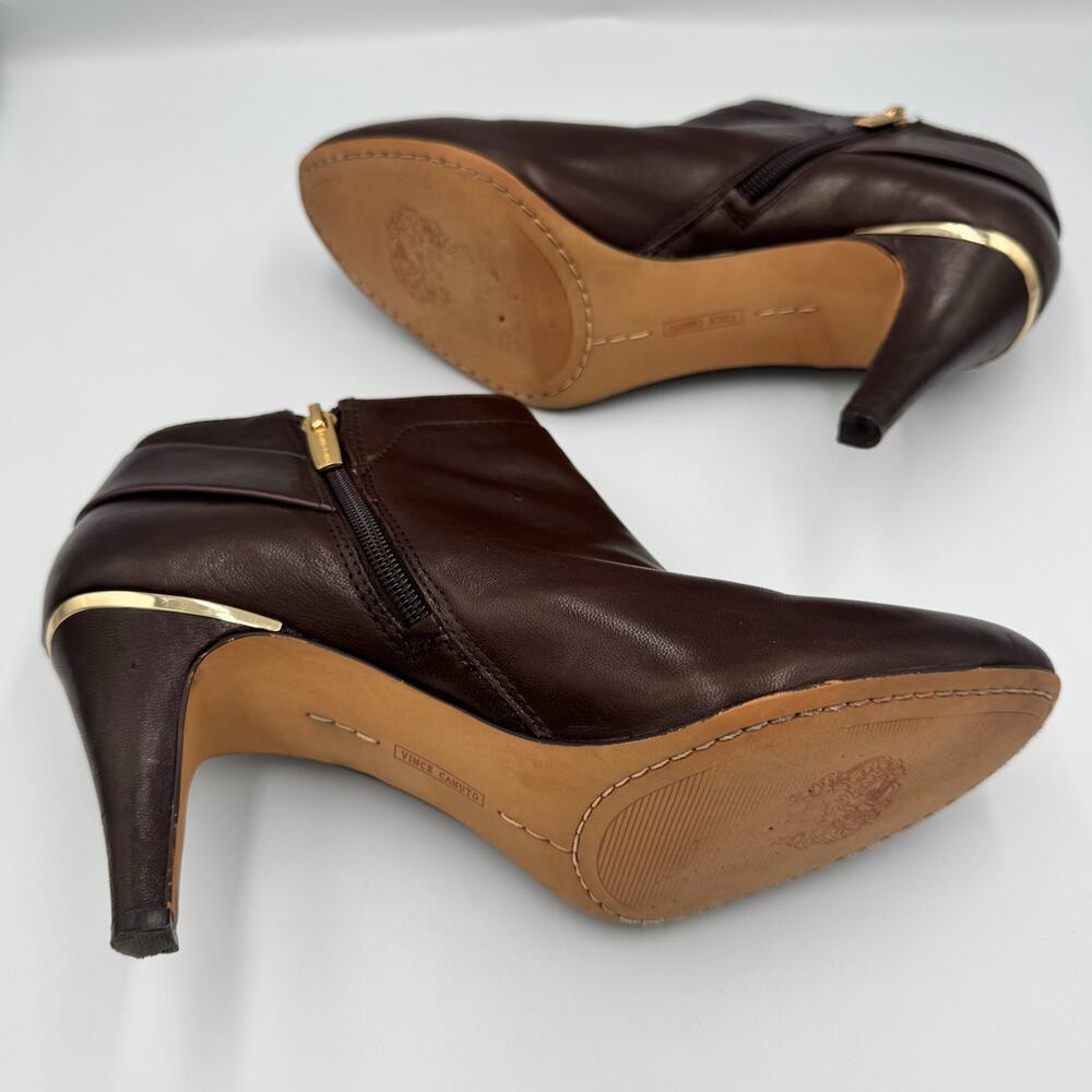 Vince Camuto Vernaya Ankle Booties 10M Espresso Brown Leather Gold Buckle Heels - Picture 13 of 16